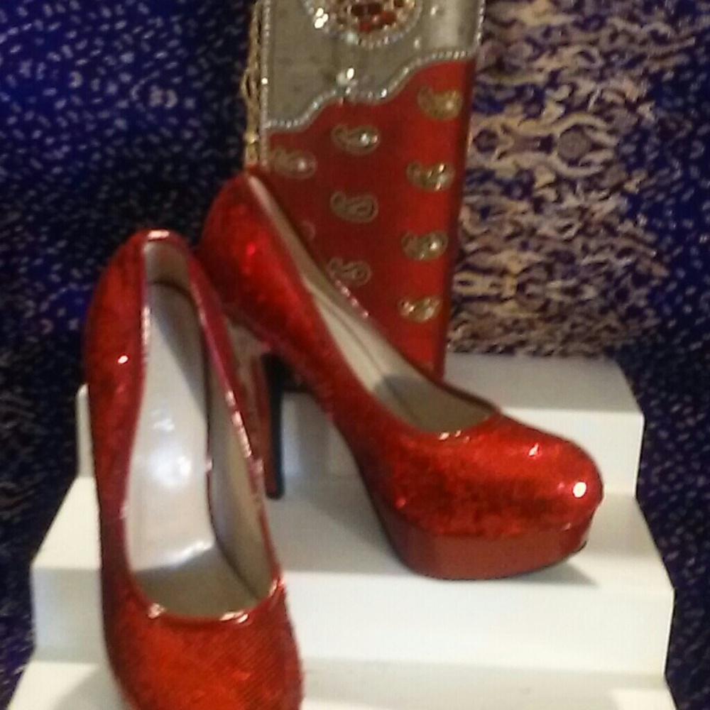 Ladies blood red shoes sequined beads DELICACY.